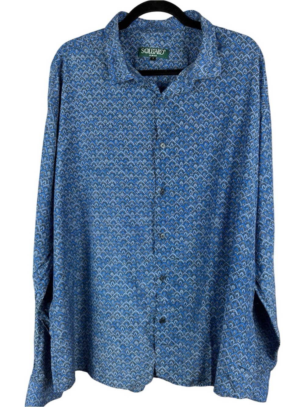 SOULEIADO Men’s Blue Geometric Fan Print Silk Cotton Long Sleeve Shirt Tag 7